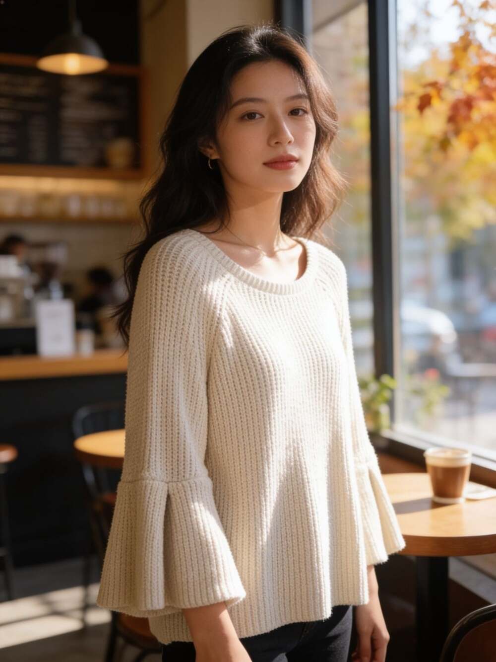 A.n.a Sweater Size L Ivory Ribbed Knit Bell Sleeve